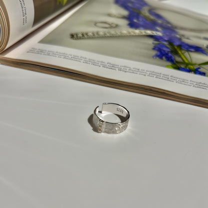 «LUNAR PEARL TEXTURE RING»- Sterling Silver Textured Band Ring with Mini Pearl Accents