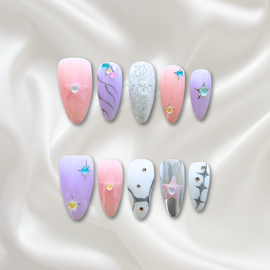 «CELESTIAL DREAM STAR NAILS»– Purple & Pink Galaxy Press-On Nails with 3D Stars, Glitter & Crystals, Reusable Handmade Nail Set