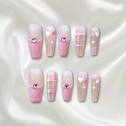 «PINK PLAID CHARM»– French Press-On Nails with Plaid, Hearts & Sparkling Star Accents, Handmade & Reusable Nail Set