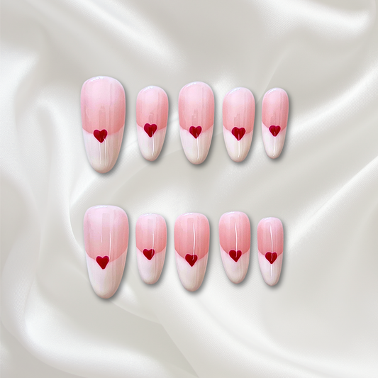 «HEARTFELT FRENCH TIPS»– White French Press-On Nails with Red Heart Accents, Classic & Romantic Nail Design