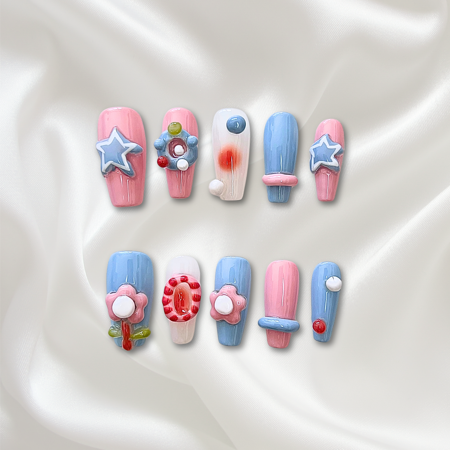«CANDY STAR BLOOM»– 3D Pink & Blue Press-On Nails with Stars, Flowers & Bubble Accents, Handmade Y2K Kawaii Nail Set