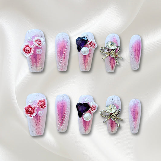 «ROSY PEARL DREAMS»- Lavender Sparkle Press-On Nails with 3D Rose, Pearls & Bows, Blush Nails