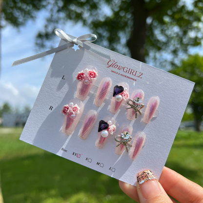 «ROSY PEARL DREAMS»- Lavender Sparkle Press-On Nails with 3D Rose, Pearls & Bows, Blush Nails
