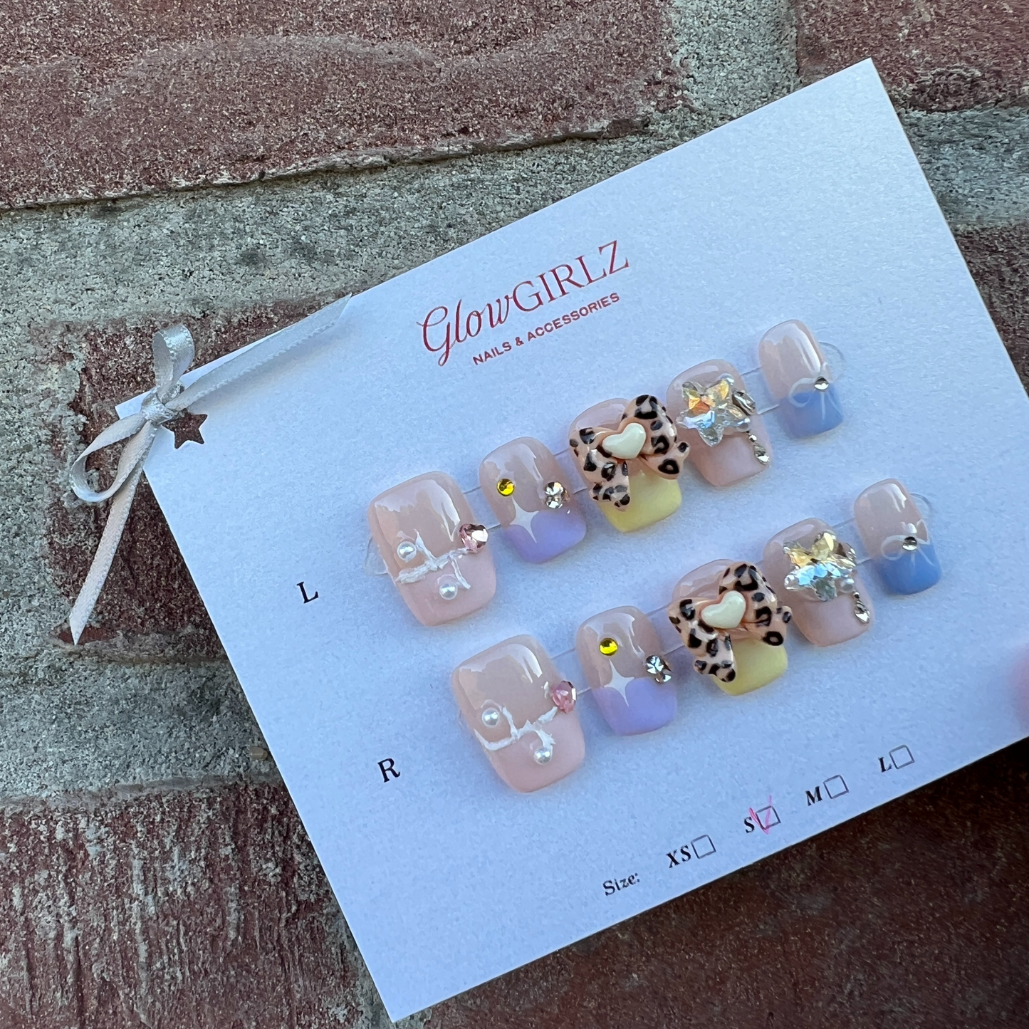 «LEOPARD GLAM BOW NAILS»– Nude Pink Jelly Press-On Nails with 3D Leopard Heart, Rhinestones & Colorful Gradient Tips, Cute Kawaii Handmade Nail Set