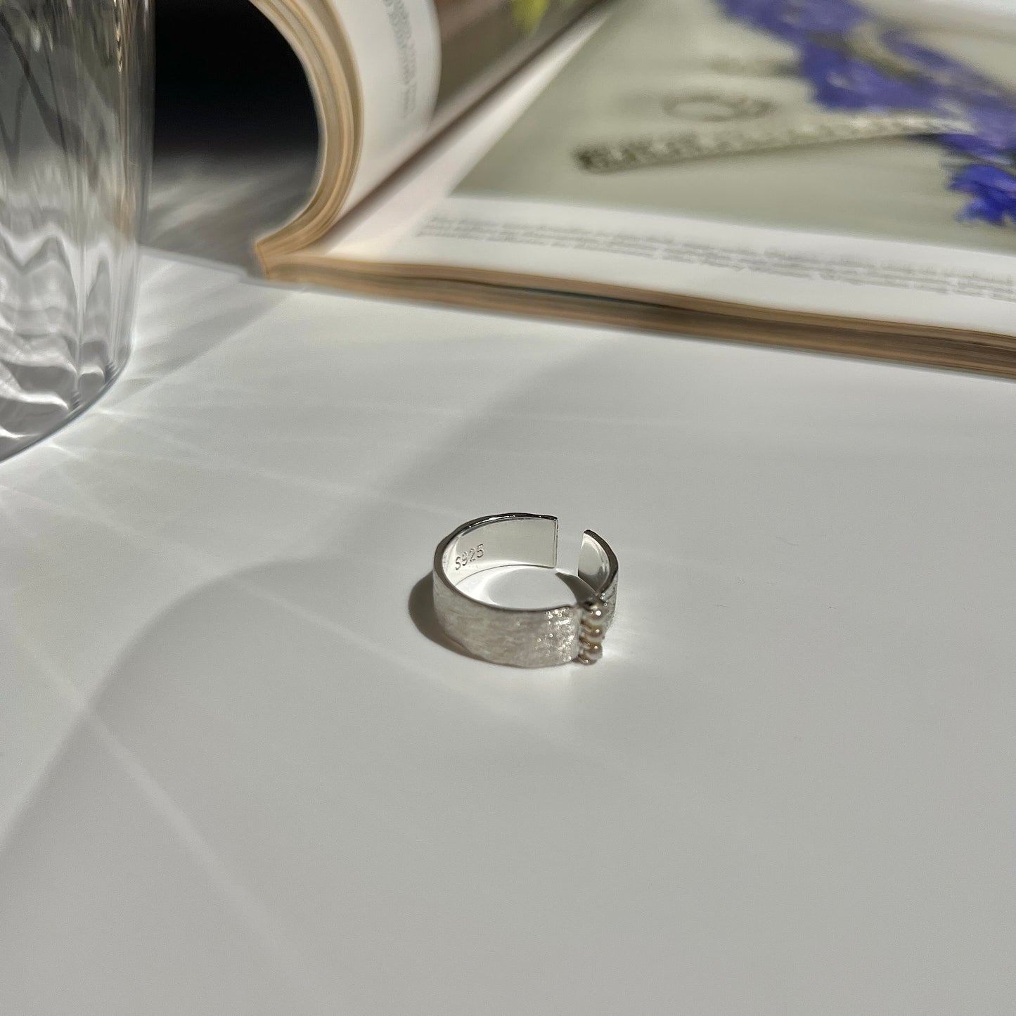 «LUNAR PEARL TEXTURE RING»- Sterling Silver Textured Band Ring with Mini Pearl Accents