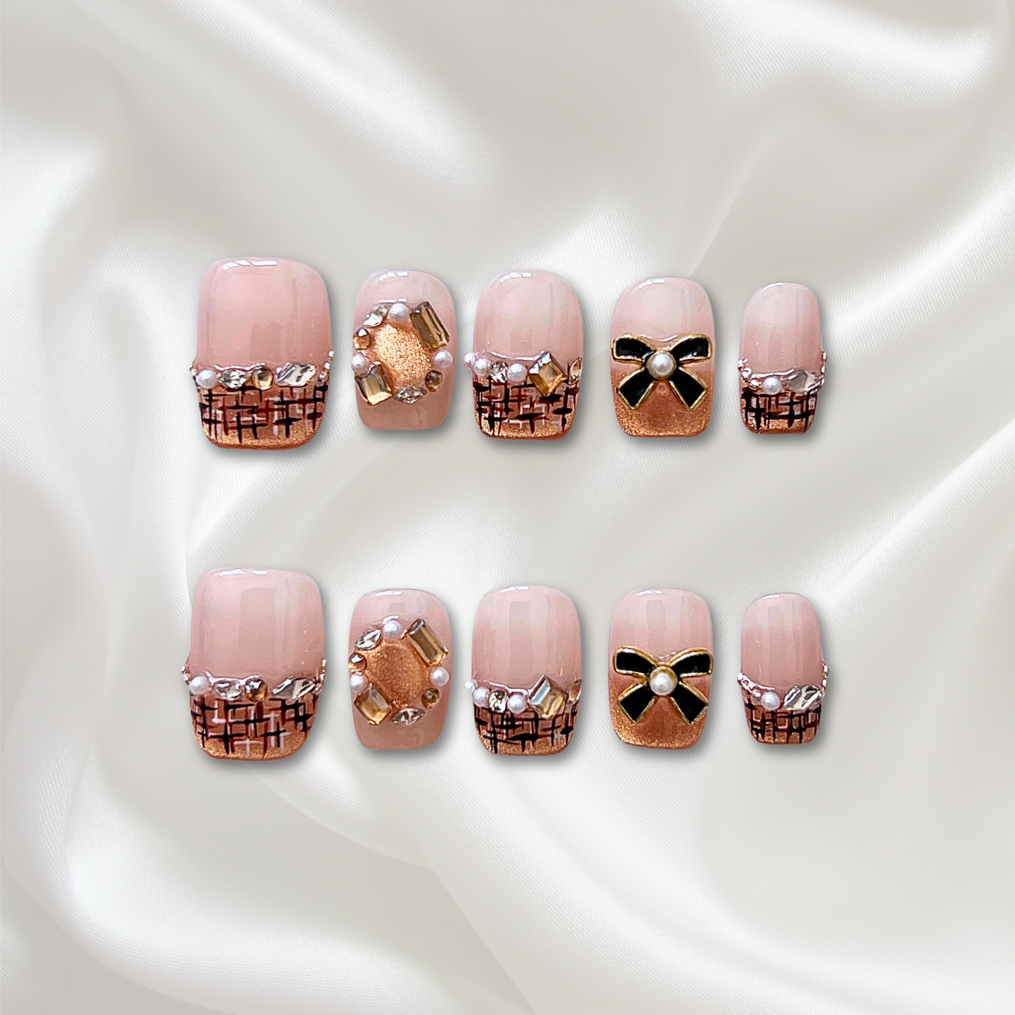 «COCO CLASSIC FRENCH» – Short French Press-On Nails with Bow Charm, 3D Bow & Crystal Accents, Sweet & Edgy Nail Design, Charm French, Tweed Nail Art