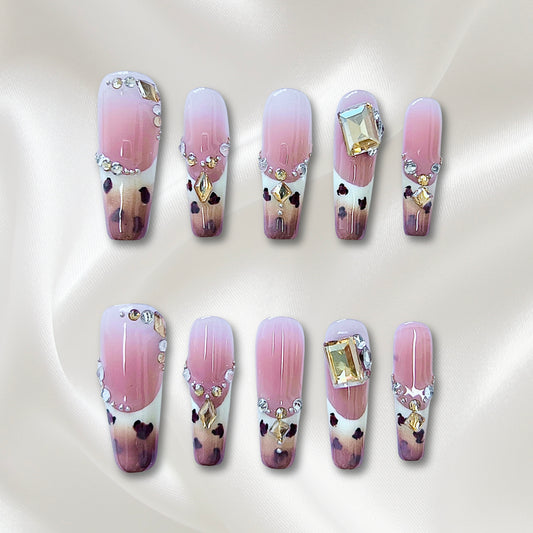 «WILD CHIC COFFIN TIPS»- Leopard French Nails with Rhinestones, Long Bling Press-On Set