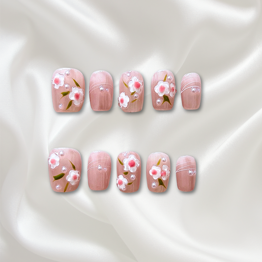 «SUMMER BLOSSOM GLOW»– 3D Cherry Blossom Press-On Nails, White Glitter Floral Nail Set, Pearls & Hand-Painted Floral Accents, Cute Kawaii Spring & Summer Nail Design
