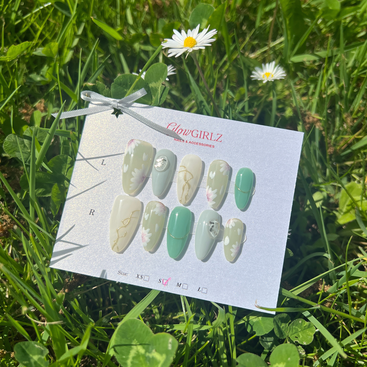 «MINT BLOOM NAILS»- Pastel Blue Green Press-On Nails with White Floral and Gold Line Accents