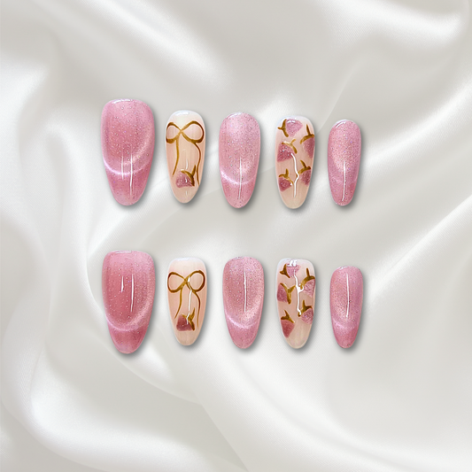 «STARRY BOW CAT EYE»– Pink Cat Eye Press-On Nails with Glitter Stars & Cute 3D Bows, Dreamy & Girly Nail Design
