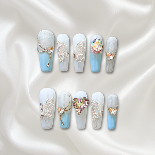 «SKY BUTTERFLY HEARTS»-Sky Blue Press-On Nails with White Butterflies & Heart Rhinestones, Sexy & Romantic Design