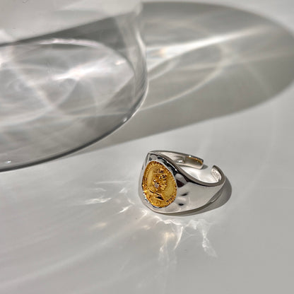 «ROMAN COIN RING» — Adjustable Sterling Silver Band with Gold Vintage Medallion