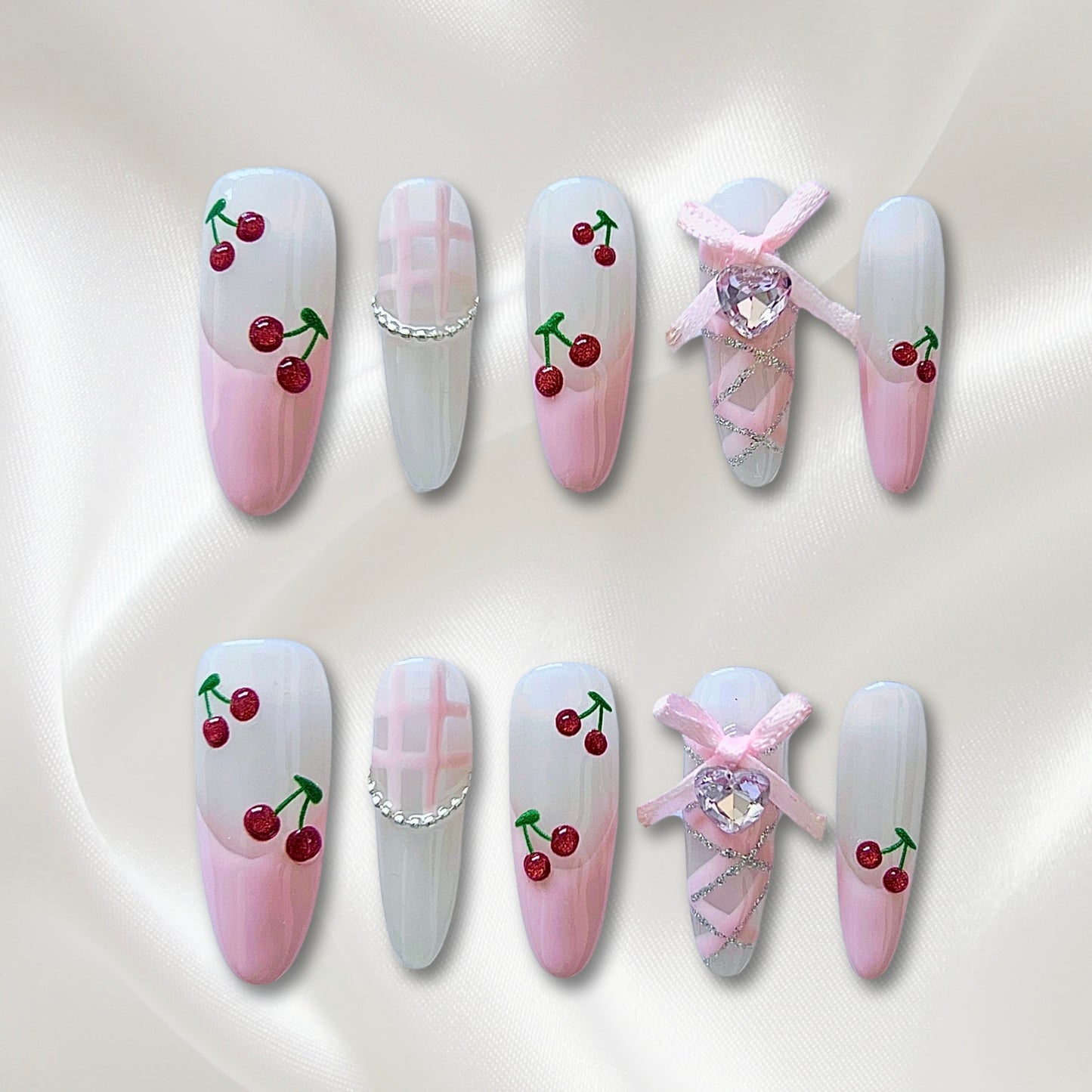 «СHERRY BLOSSOM BOWS»- 3D Hand-Painted Cherry and Pink Bow Press-On Nails with Gingham Check Decor, Sweet & Playful Design