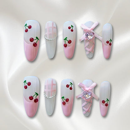 «СHERRY BLOSSOM BOWS»- 3D Hand-Painted Cherry and Pink Bow Press-On Nails with Gingham Check Decor, Sweet & Playful Design