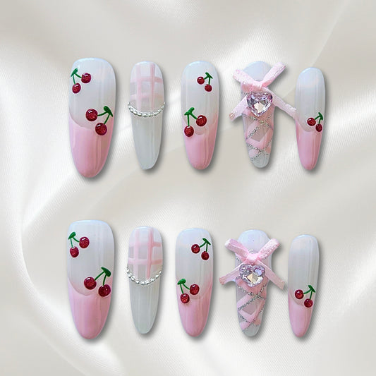 «СHERRY BLOSSOM BOWS»- 3D Hand-Painted Cherry and Pink Bow Press-On Nails with Gingham Check Decor, Sweet & Playful Design