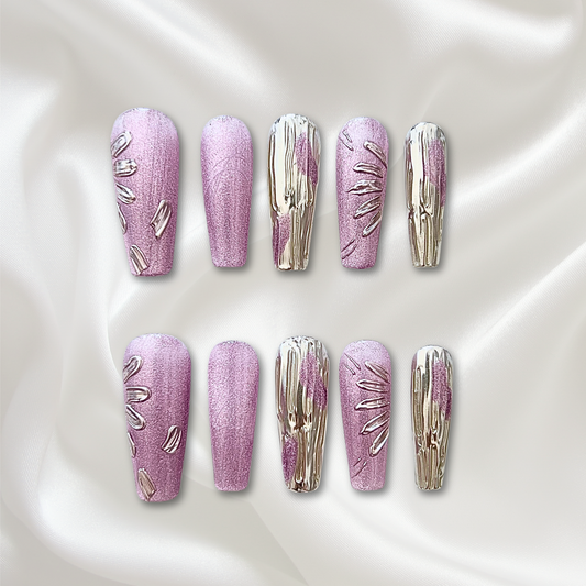 «SILVER BLOOM AMETHYST»– Purple & Brushed Silver Press-On Nails with Metallic Floral Accents, Sexy & Glam Nail Design