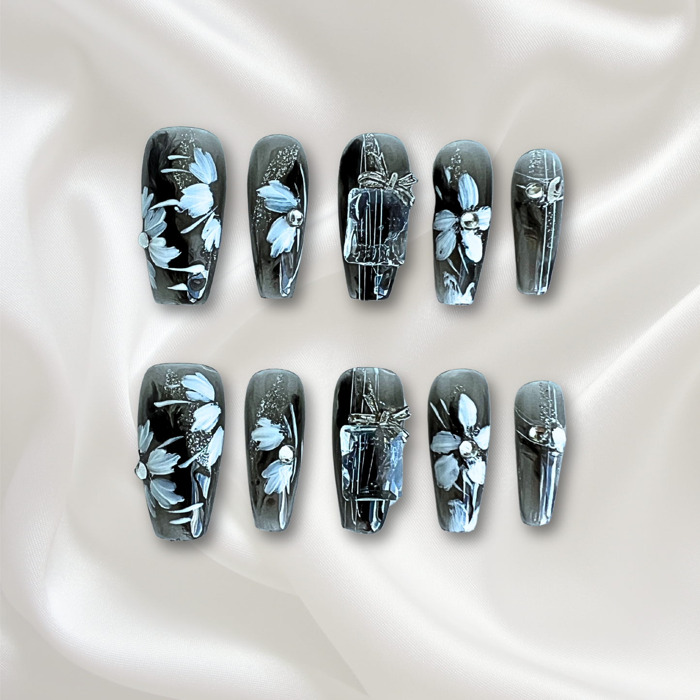 «MIDNIGHT BLOOM NAILS»– Hand-Painted Black Floral Press-On Nails, Elegant Glossy Black Base with Delicate White Flowers & Crystal Accents