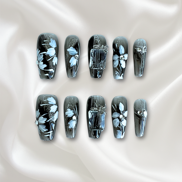 «MIDNIGHT BLOOM NAILS»– Hand-Painted Black Floral Press-On Nails, Elegant Glossy Black Base with Delicate White Flowers & Crystal Accents