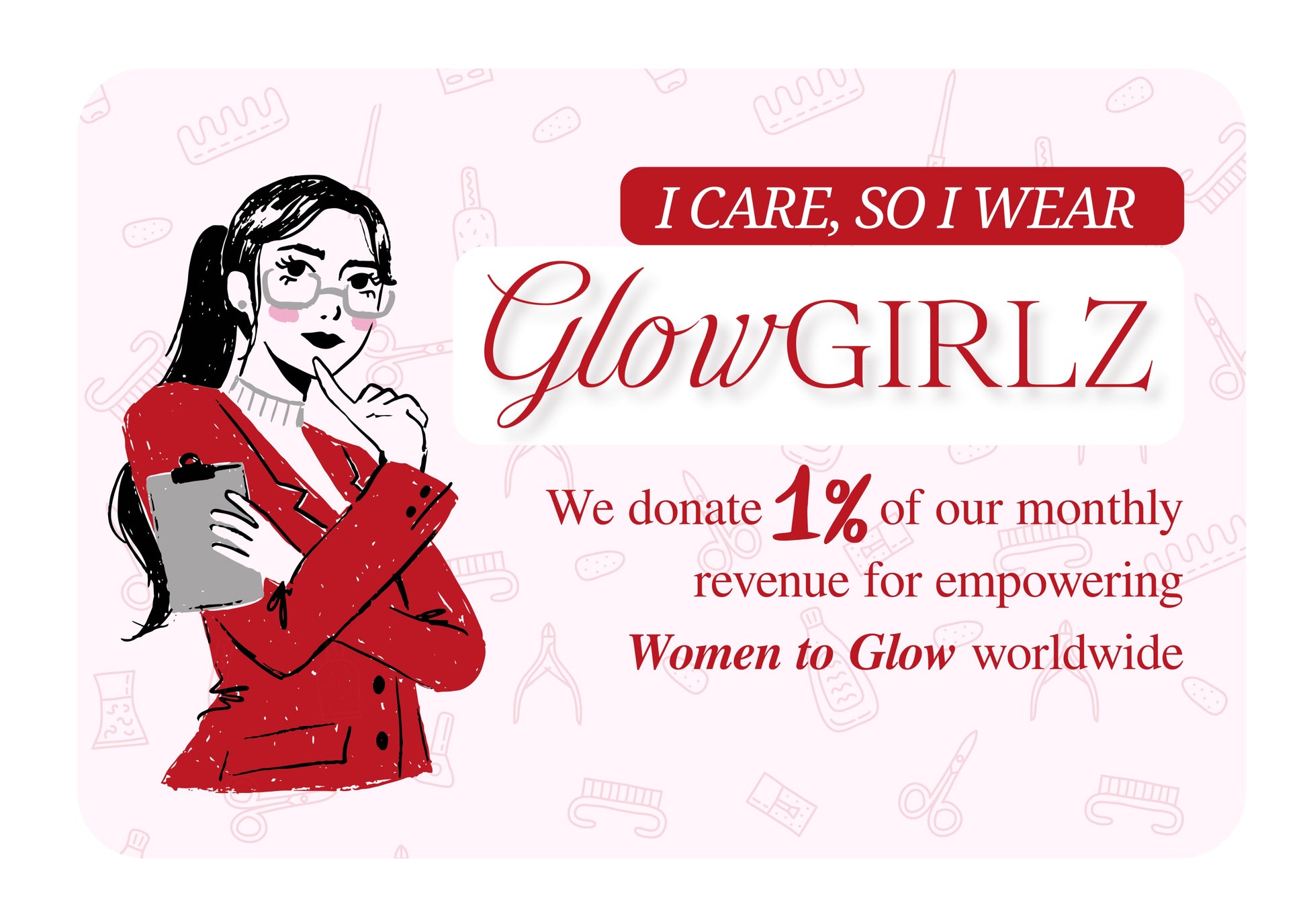 Advertisement for GlowGIRLZ with a stylized illustration of a woman in a red jacket and text about their charitable efforts.
