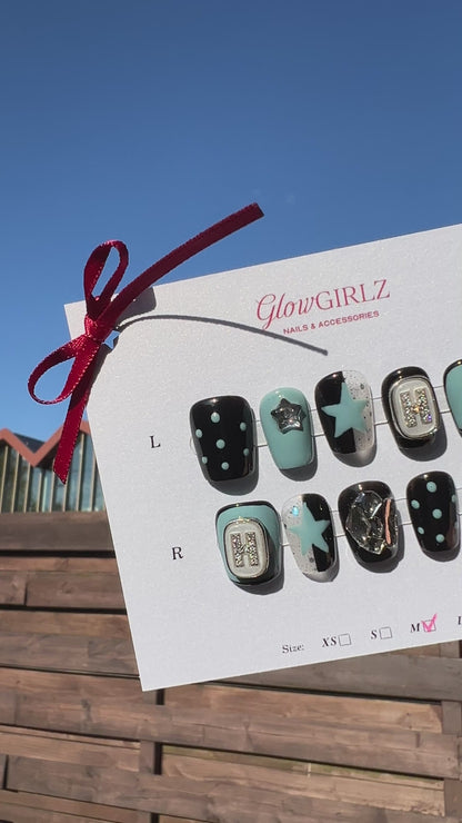 «COSMIC PUNK NAILS»– Black and Blue Press-On Nails with Stars, Chrome Accents & Rhinestone Details, Reusable Bold Nail Set