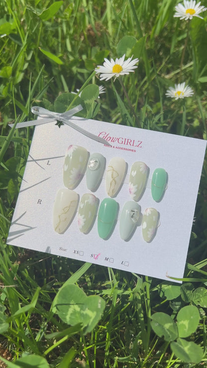 «MINT BLOOM NAILS»- Pastel Blue Green Press-On Nails with White Floral and Gold Line Accents