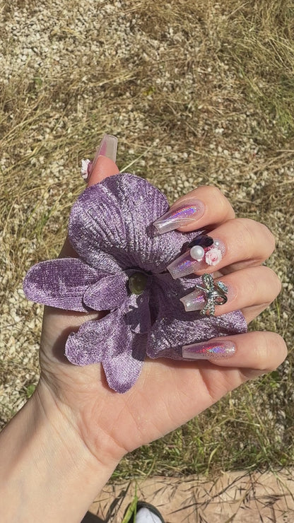 «ROSY PEARL DREAMS»- Lavender Sparkle Press-On Nails with 3D Rose, Pearls & Bows, Blush Nails