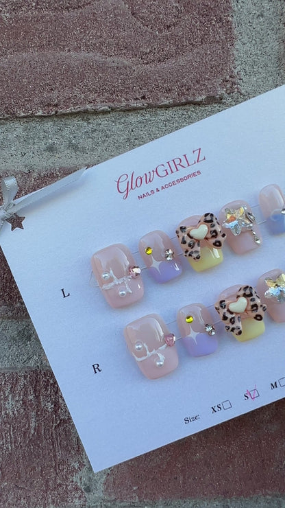 «LEOPARD GLAM BOW NAILS»– Nude Pink Jelly Press-On Nails with 3D Leopard Heart, Rhinestones & Colorful Gradient Tips, Cute Kawaii Handmade Nail Set