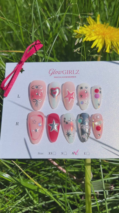 «SWEET GALAXY NAILS» – Pink Gradient Press-On Nails with Stars, Bows & 3D Hearts, Y2K Kawaii Aesthetic, Handmade & Reusable