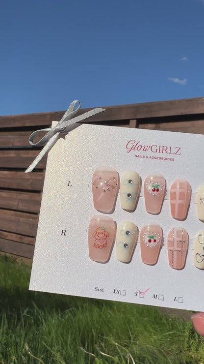 «PEARL RIBBON DREAM NAILS»– Pink & White Press-On Nails with 3D Pearls, Cherries & Heart Details, Handmade Kawaii Y2K Nail Set