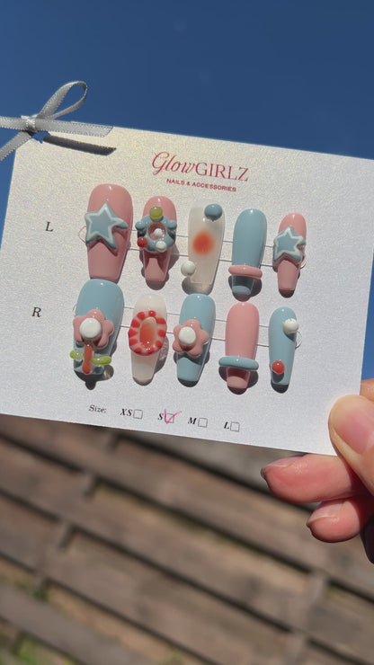 «CANDY STAR BLOOM»– 3D Pink & Blue Press-On Nails with Stars, Flowers & Bubble Accents, Handmade Y2K Kawaii Nail Set