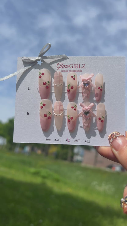 «СHERRY BLOSSOM BOWS»- 3D Hand-Painted Cherry and Pink Bow Press-On Nails with Gingham Check Decor, Sweet & Playful Design