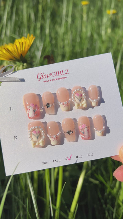 «PEACHY BUNNY PEARLS NAILS»– Pink Ombre Press-On Nails with Pearls, Bows & Cute Rabbit Art, Handmade Coquette Nail Set