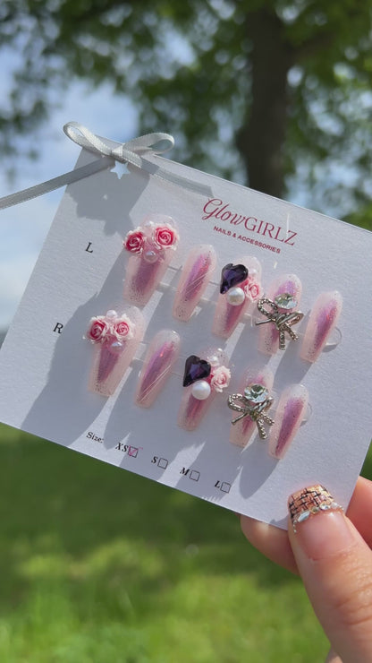 «ROSY PEARL DREAMS»- Lavender Sparkle Press-On Nails with 3D Rose, Pearls & Bows, Blush Nails