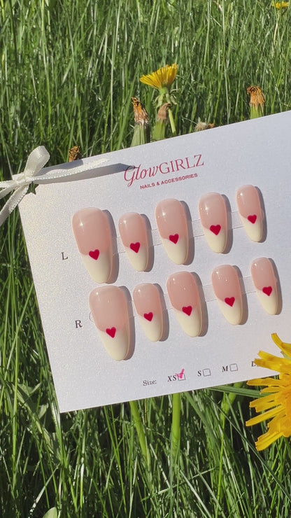 «HEARTFELT FRENCH TIPS»– White French Press-On Nails with Red Heart Accents, Classic & Romantic Nail Design