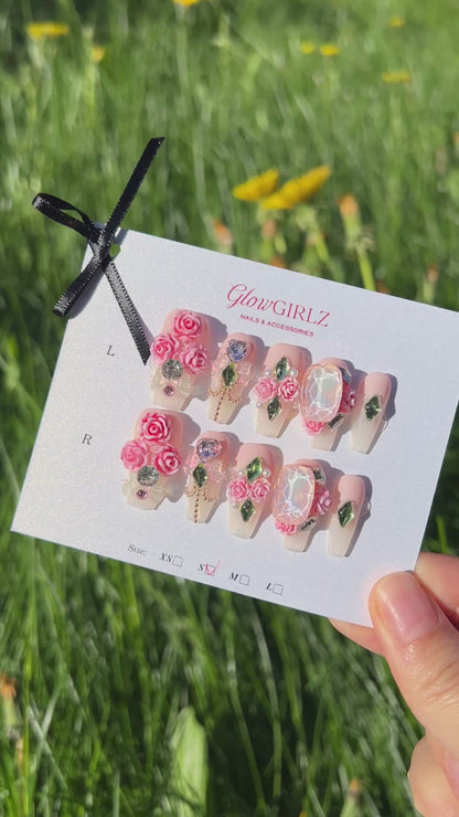 «ROSY BLOOM NAILS»– 3D Pink Rose Press-On Nails, Romantic Floral Design for Dates, 3D Pink Rose Press-On Nails with Crystals & Gems, Romantic Floral Statement Nails