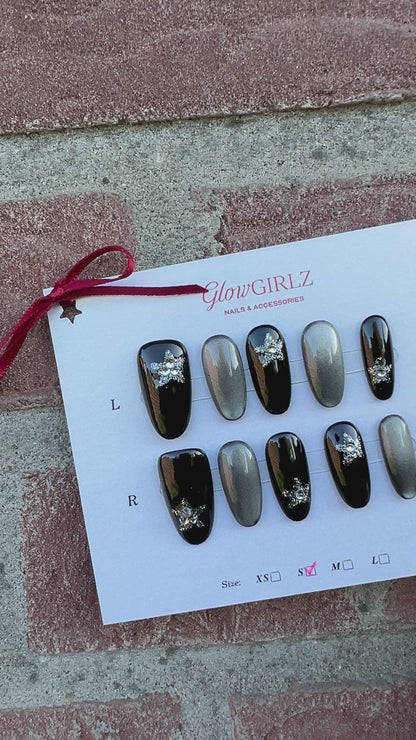 «OBSIDIAN MIST NAILS»– Black & Silver Cat Eye Press-On Nails with Glitter Star Accents, Reusable Glam Nail Set