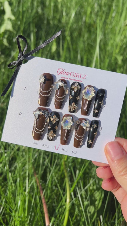 «MIDNIGHT MOCHA CRYSTALS» – Black & Brown Press-On Nails with Sparkling Crystal Accents, Sexy & Glamorous Design