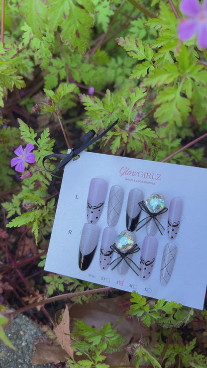 «POLKA DOT PLAID PRINCESS»- Pink Purple Press-On Nails with French Tips, 3D Bows & Checkered Accents, Handmade Nail Design