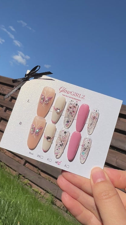 «SUMMER BUTTERFLY DREAMS»- Pink & Purple Press-On Nails with 3D Butterfly Design, Soft & Romantic Summer Style