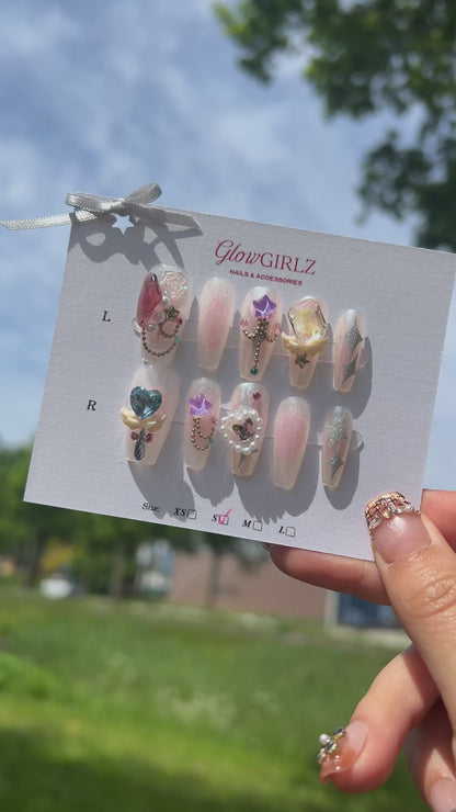 «CRYSTAL ORBIT NAILS»- Press-On Nails with Rhinestones, Pearls, Multicolour Crystals & Silver Stars, Designer Galaxy Tips